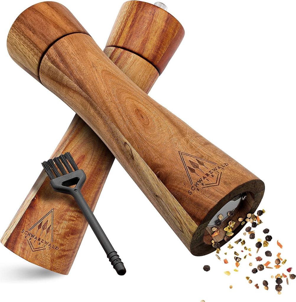 Große Holz Salz- und Pfeffermühle (21 cm) - Set von 2 mit keramischer Mühle - inklusive Pfeffer und Salz - Kräutermühle mit Reinigungsbürste ...