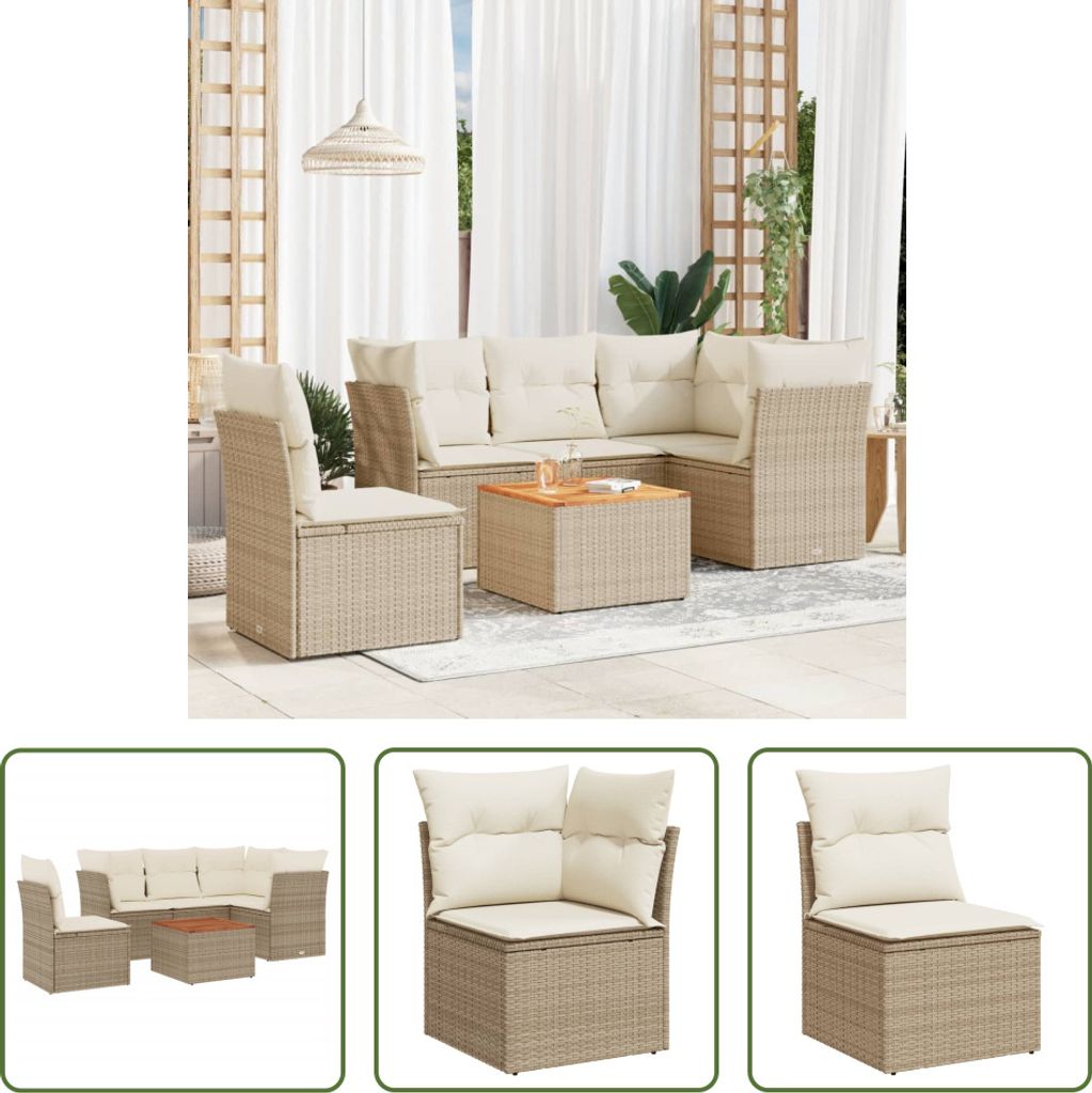 The Living Store 6-tlg. Garten-Sofagarnitur mit Kissen Beige Poly Rattan