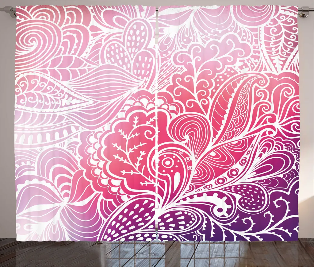ABAKUHAUS Fiori Tenda rustica, motivo floreale boho in filigrana, tende universali per soggiorno con passanti e ganci, 280 x 245 cm, bianco lilla rosa