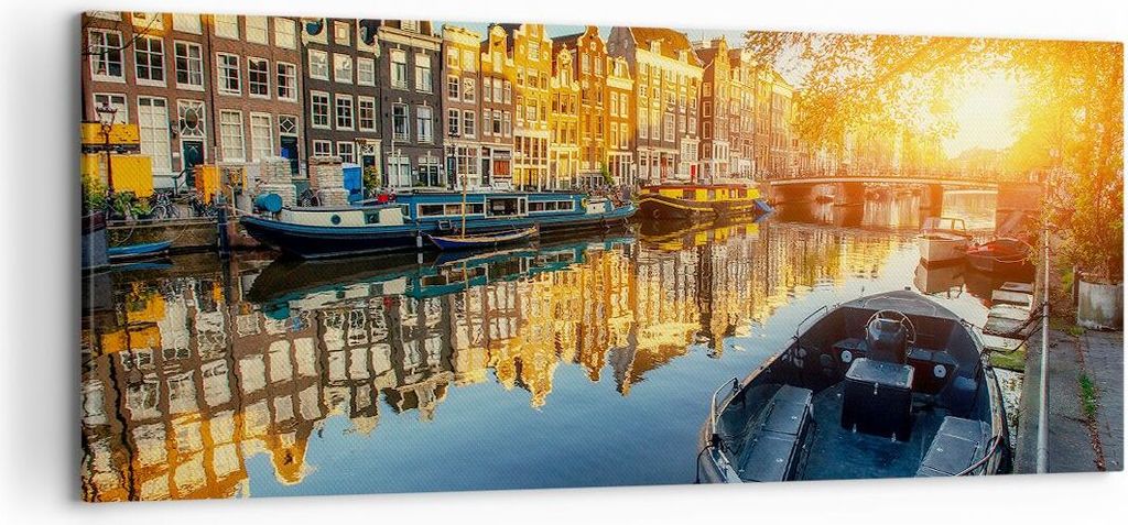 Bild auf Leinwand - Leinwandbild - Kanal Boot Amsterdam Wasser - 120x50cm - Wand Bild - Wanddeko - Leinwanddruck - Bilder - Kunstdruck - Wanddekora...