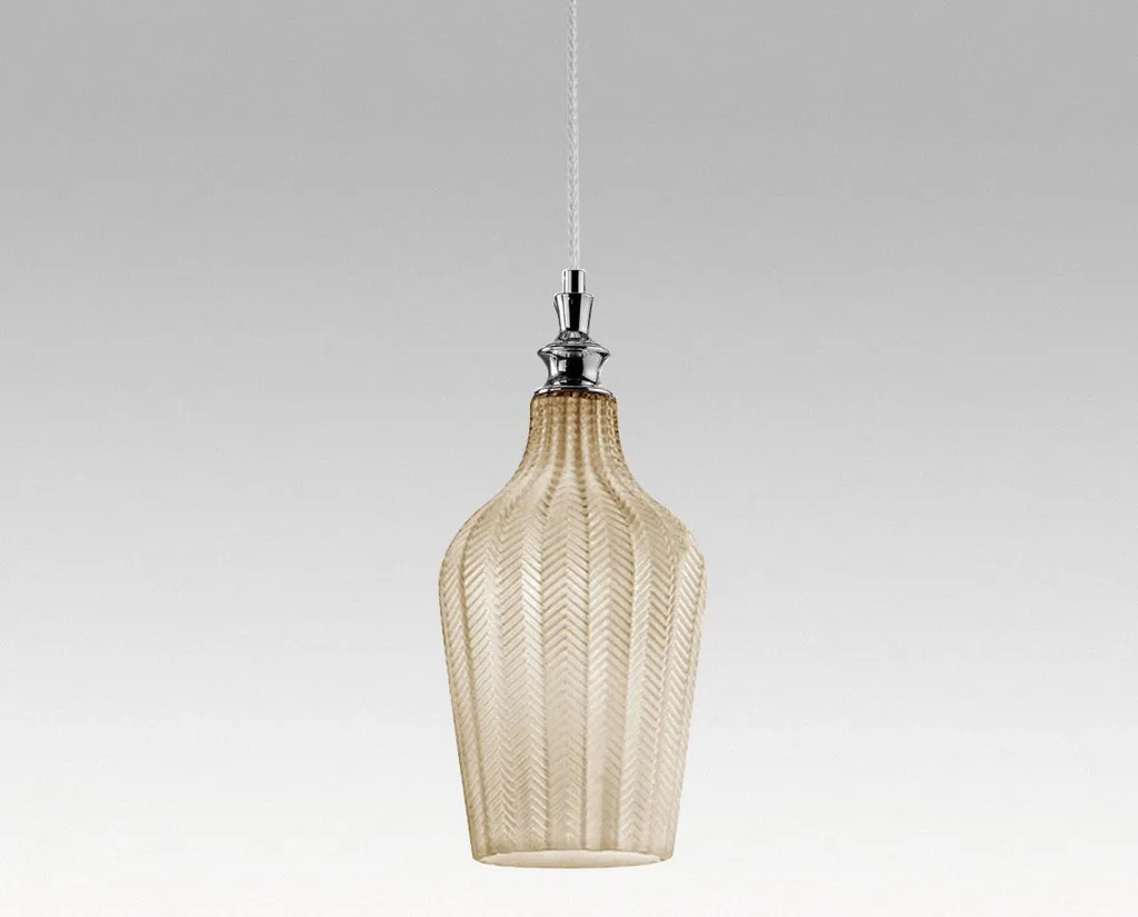 Cleofe - Lampada a sospensione in vetro ocra trasparente e cromo - Attacco 1XE27, stile vintage, IP20, 1XE27 max 1X60W, d.18cm, lampadine escluse