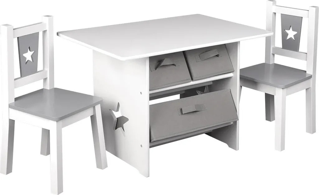 Table Enfant en Bois de Pin avec Rangement Intégré et 2 Chaises Étoilées