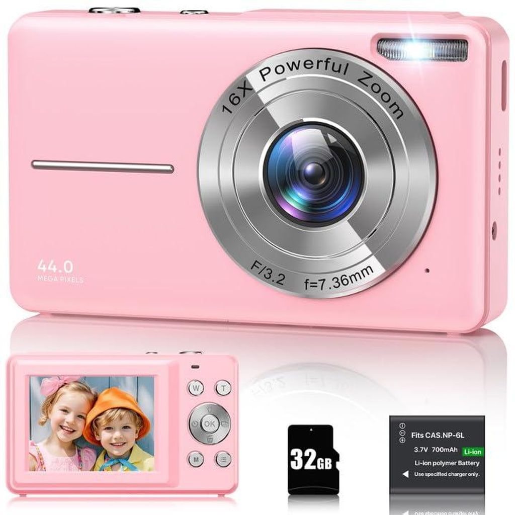 Digitalkamera 1080P 44MP, Kompaktkamera & Vlogging Kamera (16X Digitalzoom, 2,4" LCD, 32GB Karte, 1 Akku) Fotokamera für Kinder Teenager Anfänger