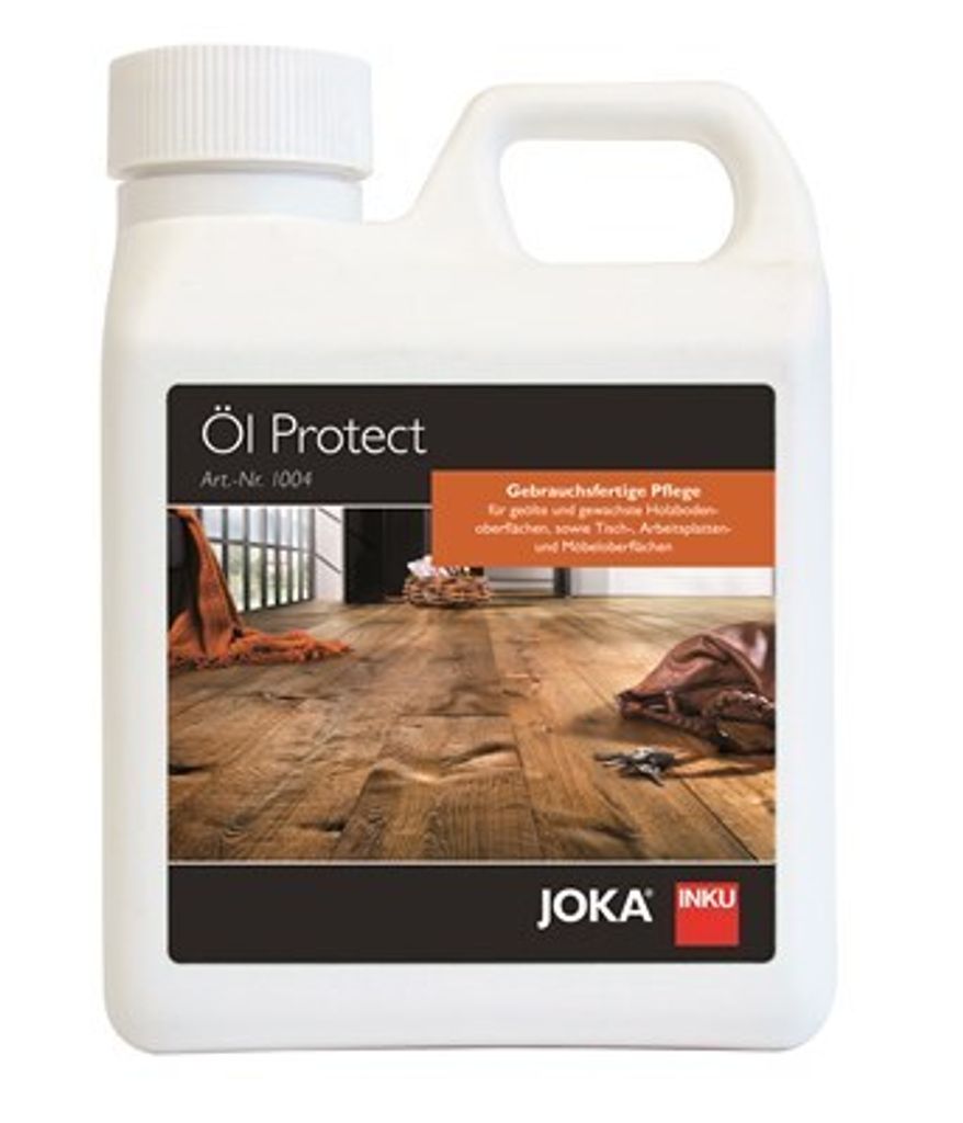 A white plastic bottle of wood floor oil protectant with a label showing a wooden floor.