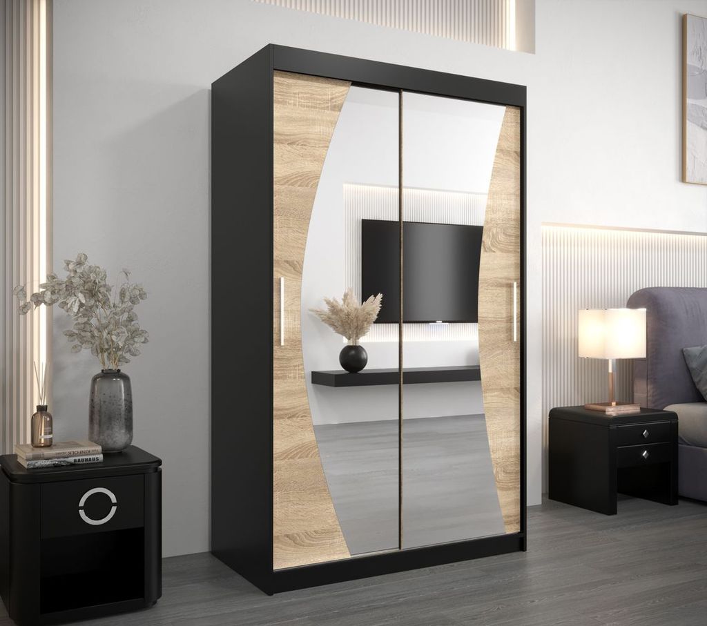 Kleiderschrank mit Schiebetüren AGATA – 120 cm, schwarz/Sonoma-Eiche