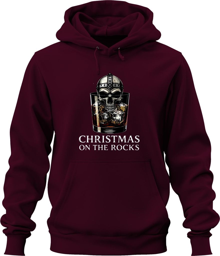 Christmas On The Rocks Whiskey Skull Viking Helm Runen Geschenk Uni Hoodie Kapuzenpullover, Burgundy, 3XL