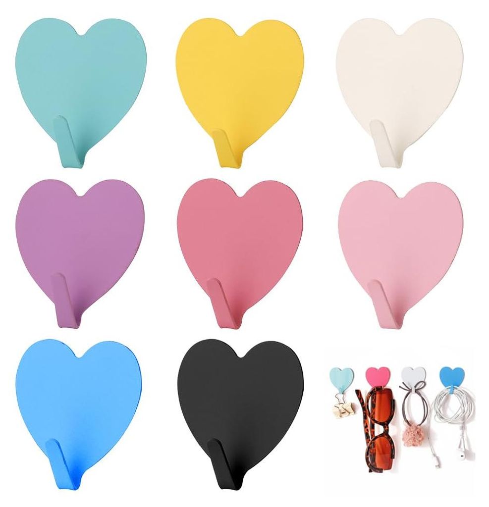 8 selbstklebende, herzförmige Haken, Wandhaken aus Edelstahl, selbstklebende Kleiderhaken, selbstklebende Haken ohne Bohren, selbstklebende Haken,...