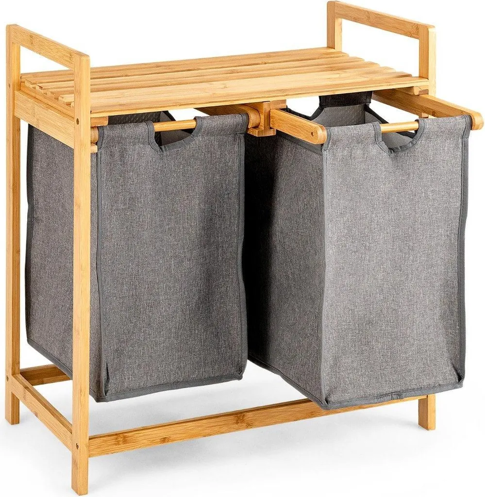 Panier à linge en bambou naturel avec 2 sacs amovibles et couvercle
