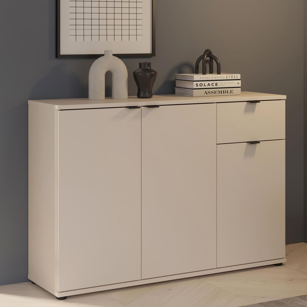 Forte GANYMEDE Sideboard 120, minimalistische Kommode, 3-türig, 1 Schublade, Holzwerkstoff, Wohn-/Schlafzimmer, Kaschmir Beige, 119,8 cm breit x 8...