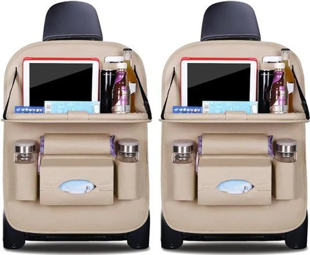 Protection de siège auto imperméable beige en cuir synthétique avec poches - 2x
