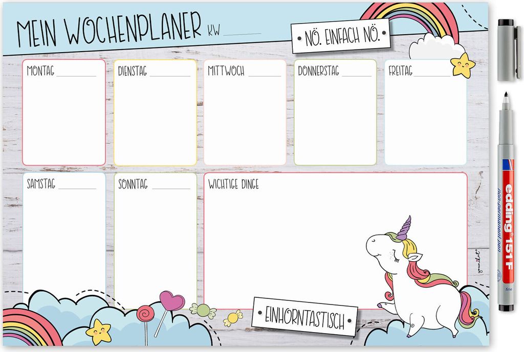 Mein Wochenplaner mit Einhorn Motiv I DIN A4 I Whiteboard Wochen-Kalender Notiz-Liste Organizer I abwischbar I mit selbstklebender Rückseite I dv402