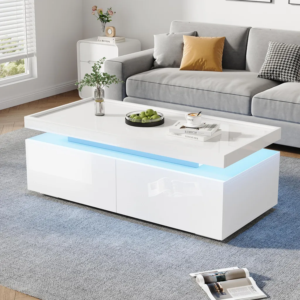 Table basse avec rangement 2 tiroirs LED pour petit salon blanc moderne