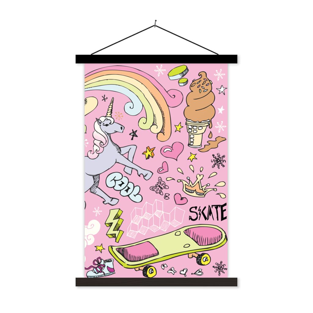 MuchoWow Textilposter Mädchen - Design - Einhorn - Regenbogen - Rosa 60x90 cm mit schwarzem Rahmen - Poster Wohnzimmer
