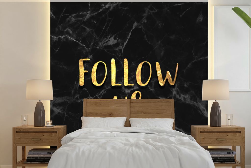 MuchoWow Fototapete für Wohnzimmer oder Schlafzimmer Wandtapete Vinyl Motivtapete Instagram - Soziale Medien - Gold - Marmor - 260x260 cm - Papi...