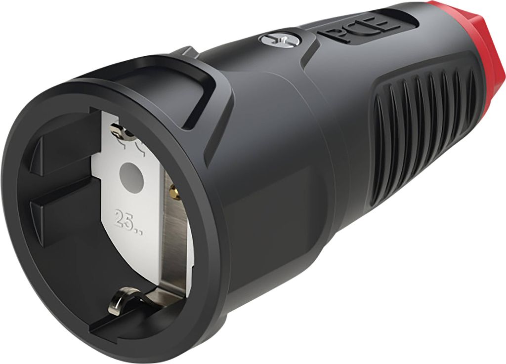 PCE 2510-sr Taurus2 Schutzkontakt Kupplung | Gummi-Schutzkontaktkupplung IP20 16A 250V (schwarz/rot) | Robuste Gummi Kupplung & Steckverbinder für...