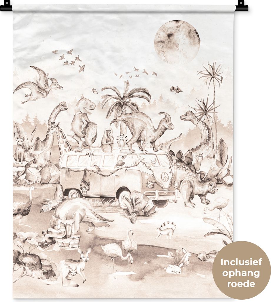 MuchoWow Wandteppich Wandbehang Dinosaurier - Bus - Kinder - Tiere - Bäume 60x80 cm Tapisserie Dekoration Wandtuch - Decke - Wandtücher - Wohne