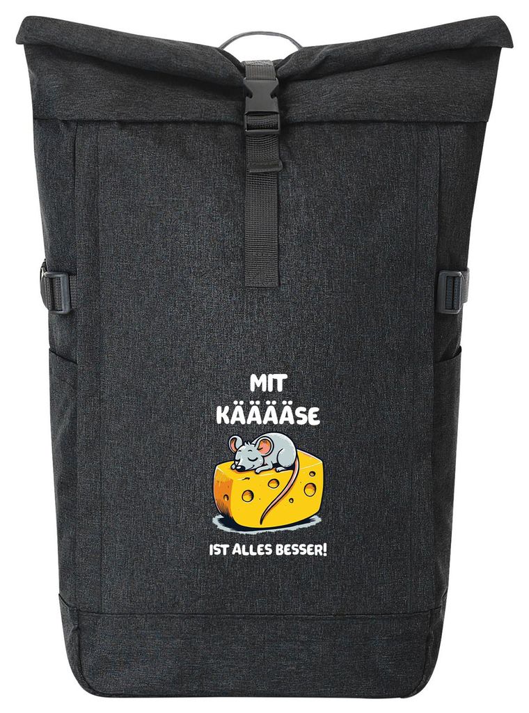 Huuraa Kurierrucksack Mit Käse ist alles besser Maus 30-44 Liter Black Melange Fairtrade Rolltop Rucksack Geschenkidee
