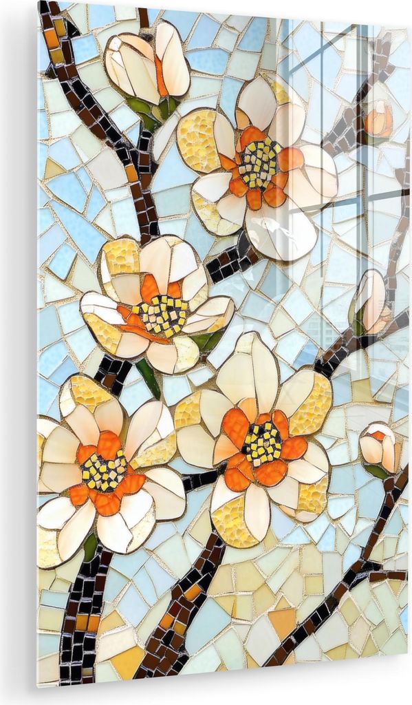 MuchoWow Glasbilder - Bilder auf Wandbild - Foto auf Glas Blüten - Weiß - Mosaik - Zweig 80x120 cm Wanddekoration aus Glas - Acrylglasbild - Acry...