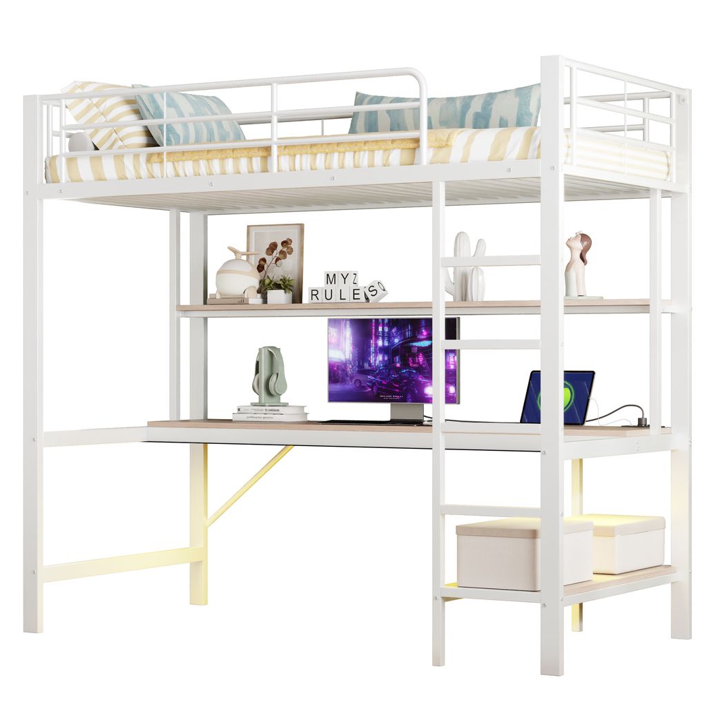 Hochbett mit Regal, Schreibtisch und LED-Beleuchtung, 90x200 cm, Metallbett mit USB Anschlüssen und Steckdosen