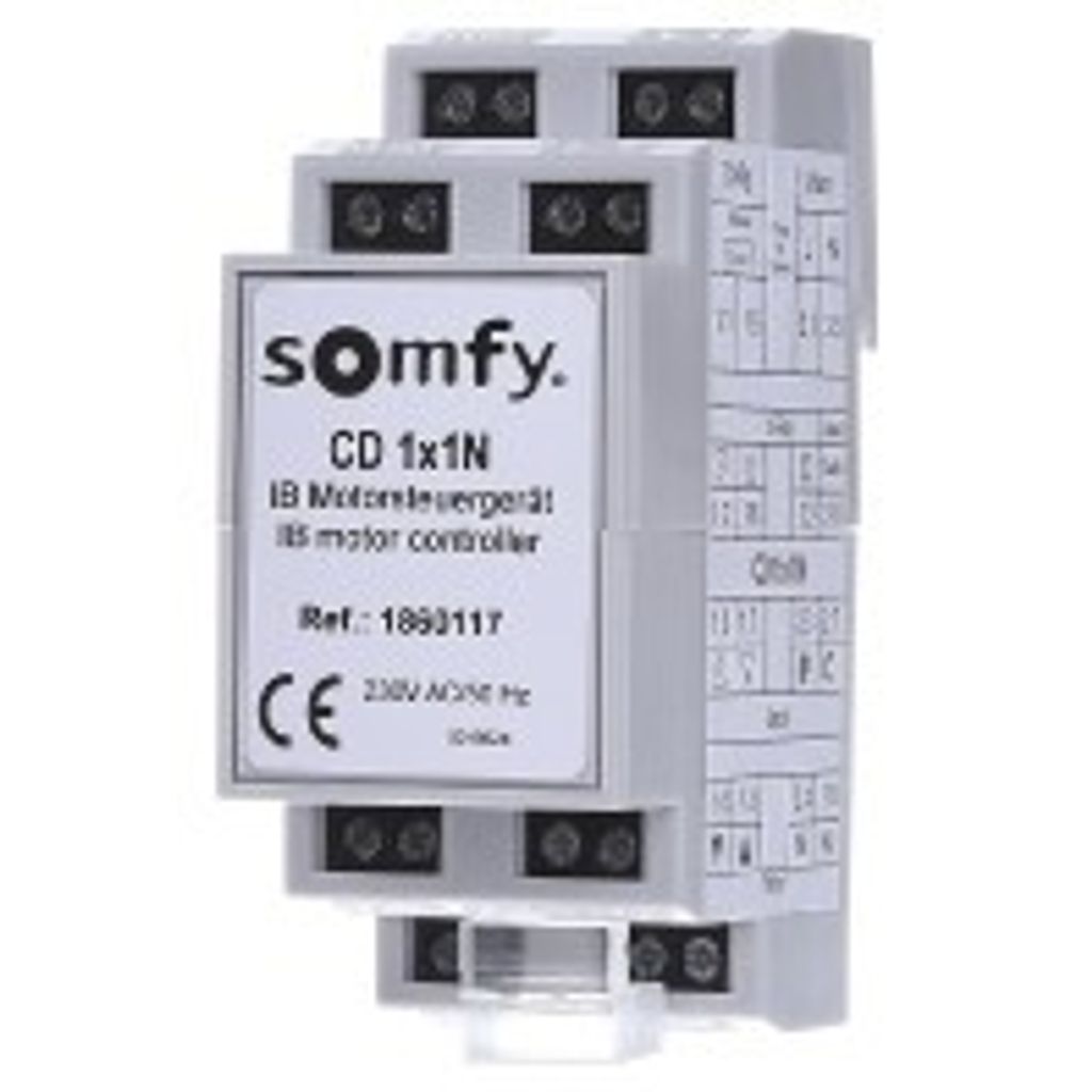 A close-up studio shot of a Somfy motor controller.
