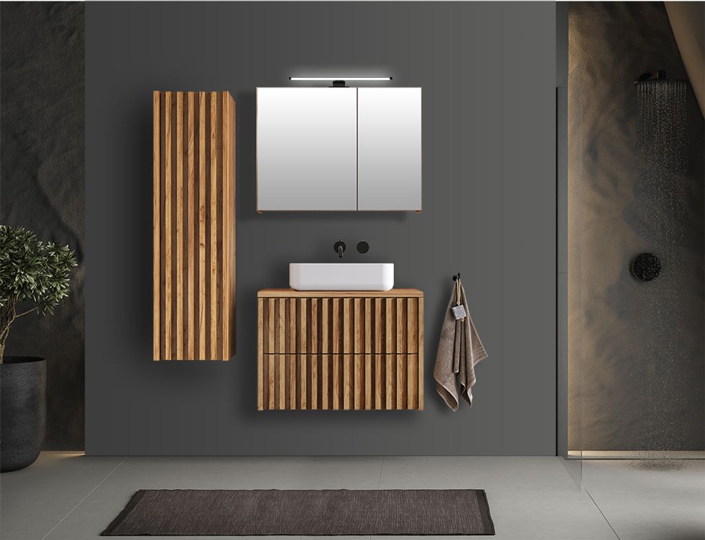 Badmöbel Set modern 3-teilig Eiche Desio-107 LED Spiegelschrank, Keramik Waschbecken