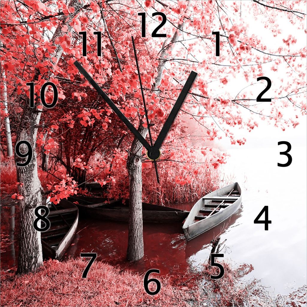 Wallario Design Wanduhr Romantische Bootsanlegestelle in rot-weiß aus Echtglas, Größe 30 x 30 cm