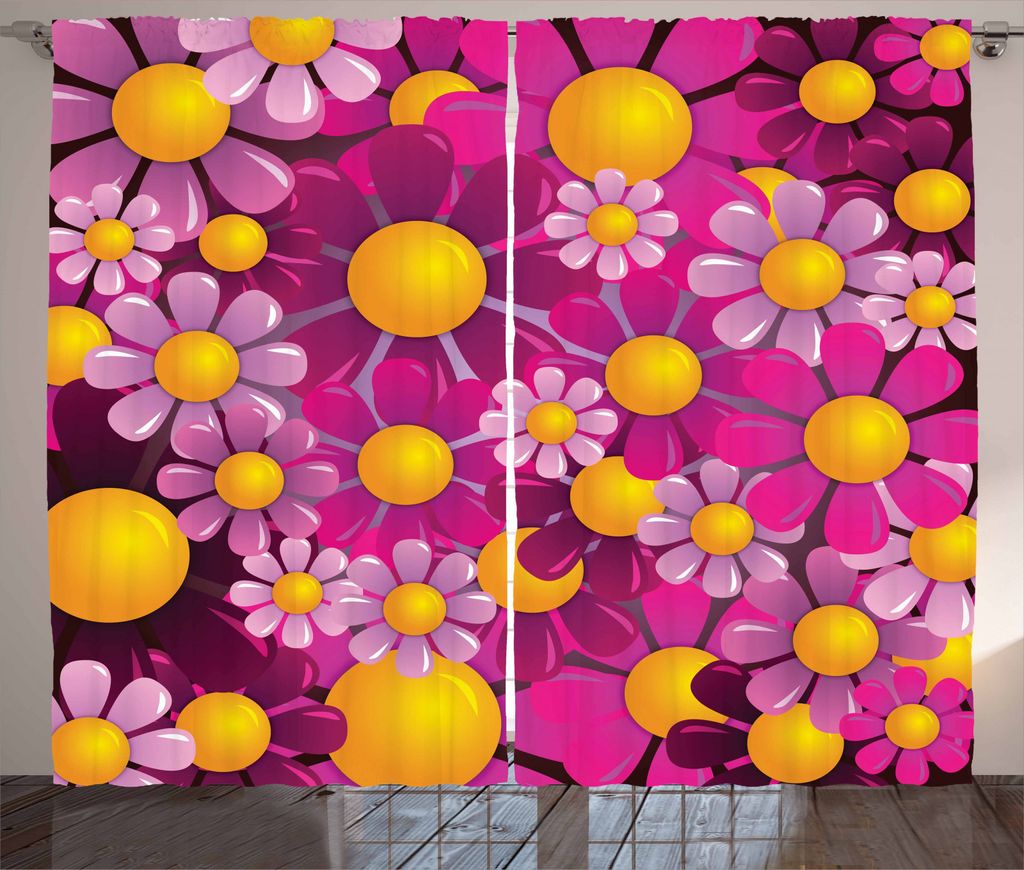 ABAKUHAUS Sommer Rustikaler Vorhang, Blühen Blumen Cartoon, Wohnzimmer Universalband Gardinen mit Schlaufen und Haken, 280 x 245 cm, Hot Pink Lila...