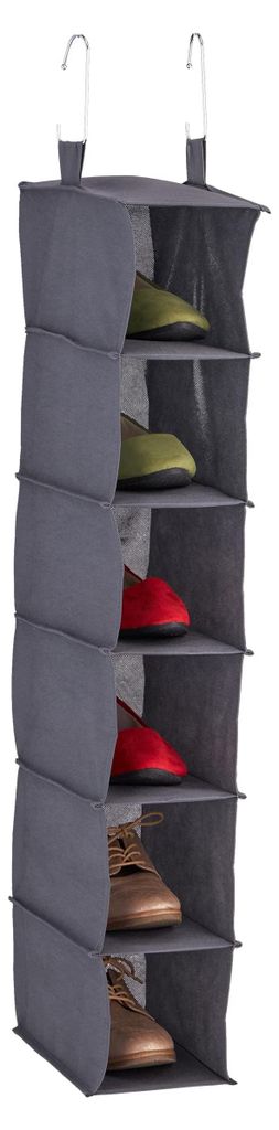 Hängeregal für Kleiderschrank, 6 Fächer, Stoff, H x B x T: 99 x 15 x 30 cm, 2 Haken, schmales Ablagefach für Schuhe, grau