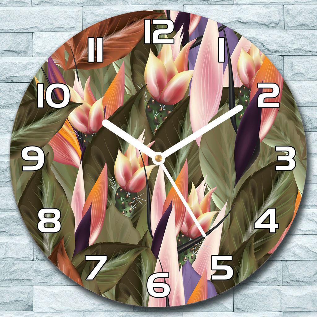 Wanduhr aus Glas Rund fi 30 Tropische Sträucher Quarz Deko Wohnzimmer Büro