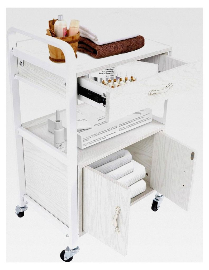 Salon Aufbewahrungswagen mit 1 Schublade, 1 Schrank und 2 Regalbrettern, Kosmetikwagen für Labor und Friseur, Weiß 51x33x83 cm