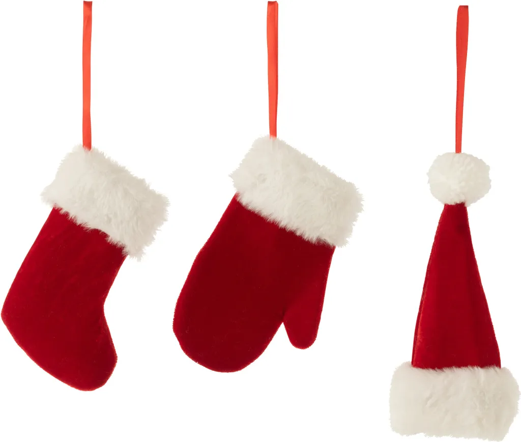 Set de 3 Décorations Textile Rouge et Blanc Gants et Bonnets de Noël