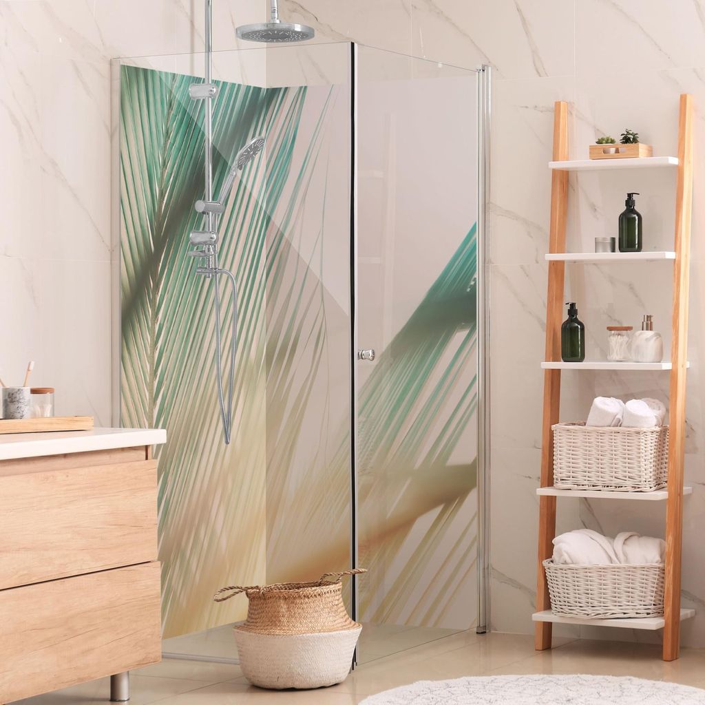 Duschrückwand Natur selbstklebend - 0.35 mm Wandpaneel wasserfest Palme türkis Tropisch Badrückwand fugenlos Smart matt 100x200 cm