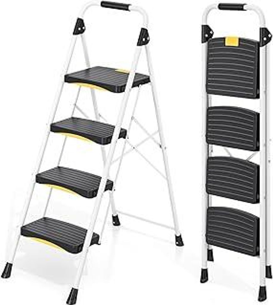 Urackify Trittleiter 4 Stufen Leiter Klappbar, Hochbelastbar bis 150kg, Sicherheitsschloss, rutschfeste breite Pedale, Handlauf, Kompakte Haushalts...