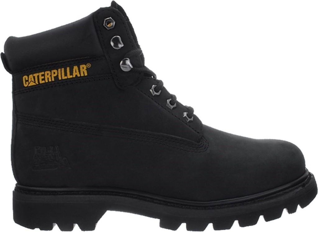 A black Caterpillar boot shown from the side.