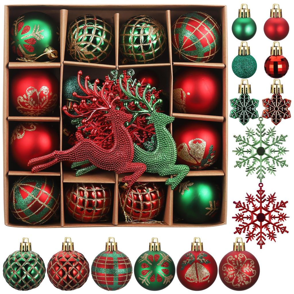 Weihnachtskugeln-Set, 40 Stück, unzerbrechlich, rot-grün, Rentier-Motiv