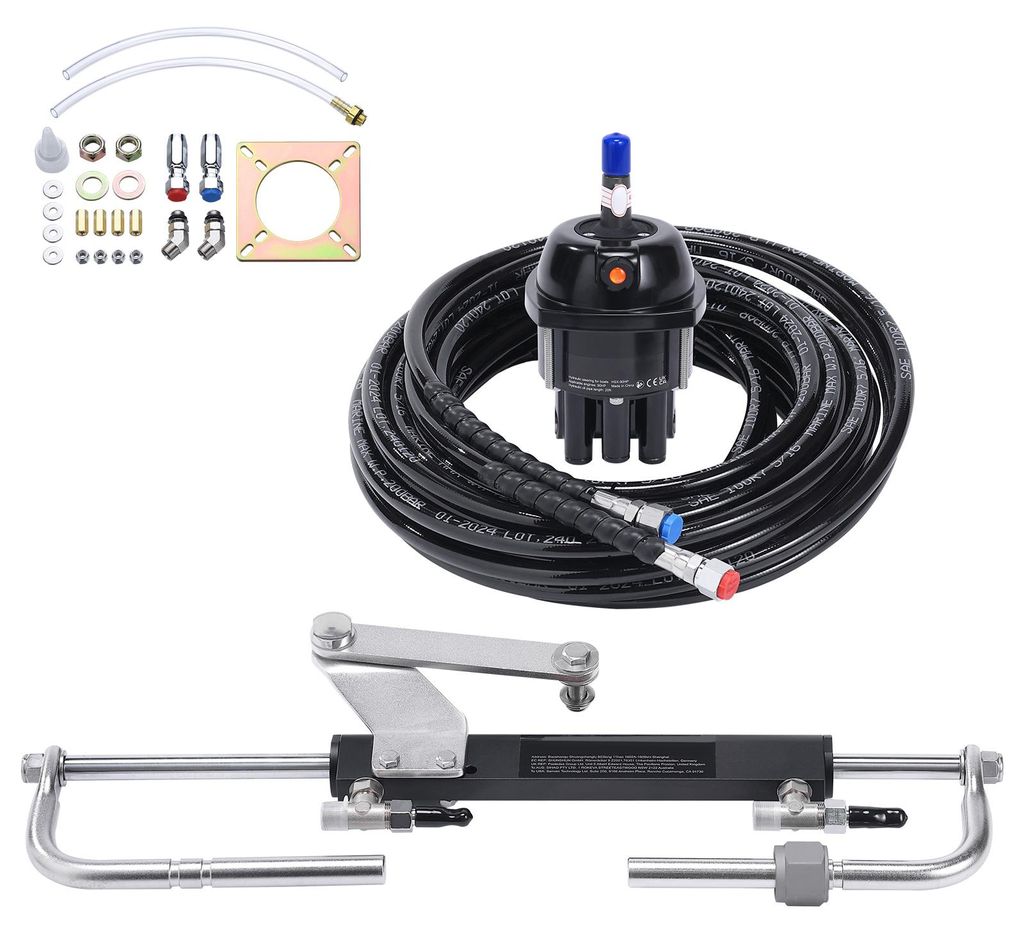 SucceBuy Hydraulischer Außenbord-Lenksatz, 90 PS, Marine-Lenksystem mit Helmpumpe, Zwei-Wege-Verriegelungszylinder, 20-Fuß-Hydraulikschlauch, ide...
