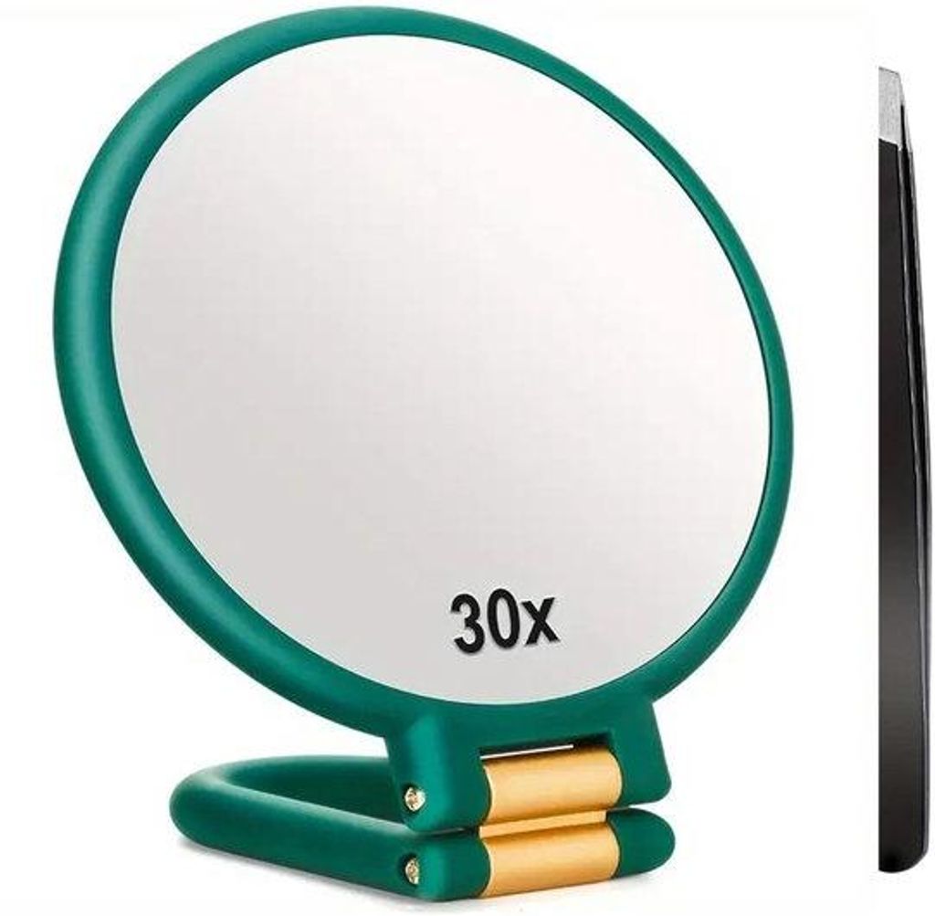 Reis-compacte, opvouwbare, handmatige, 30x vergroting, cosmetische spiegel, handvat, groen.
