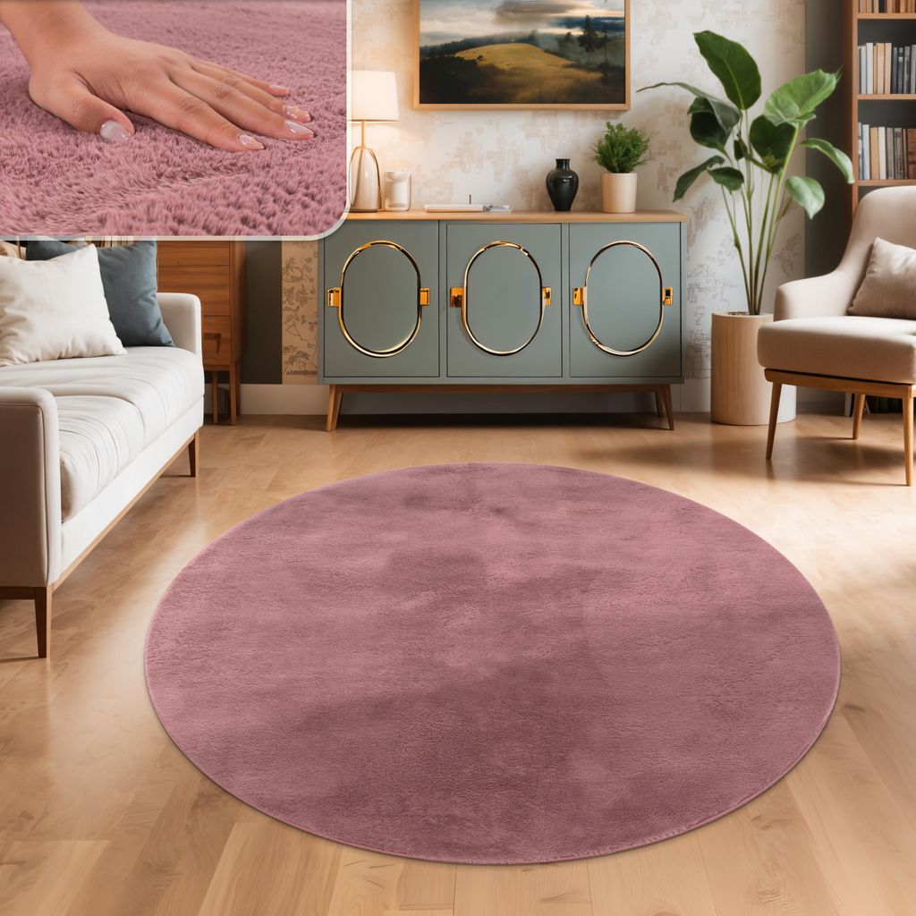 Teppich Wohnzimmer Kunstfell Plüsch Hochflor Shaggy Weich Verschied. Farben Grösse 80 cm Rund