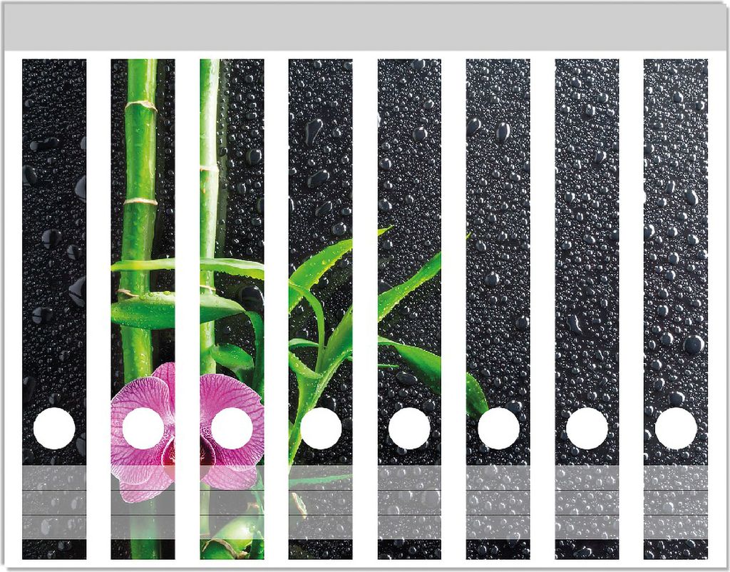 Wallario Ordnerrücken Sticker, selbstklebend für schmale Ordner, 8 Stück, Motiv Bambus und pinke Orchidee auf schwarzem Glas mit Regentropfen
