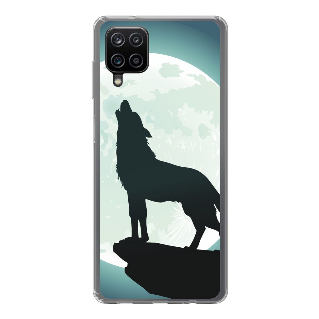 MuchoWow Handyhülle Schutzhülle Hülle für Samsung Galaxy A12 Wolf - Mond - Stein Silikon Softcase Handy Hülle - Bild