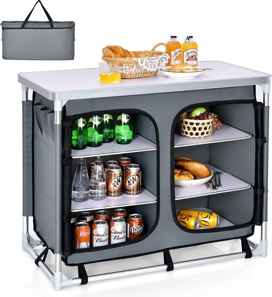 COSTWAY Campingschrank faltbar, Campingküche mit 3-stöckigen Regalen, Camping Faltschrank aus Aluminiumgestell, inkl. Tragetasche