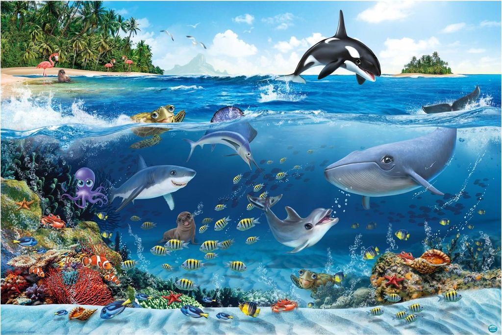 Fototapete Strand - Vliestapete - Bildtapete UV-beständig Unterwasser blau Illustration Wandtapete geruchsfrei