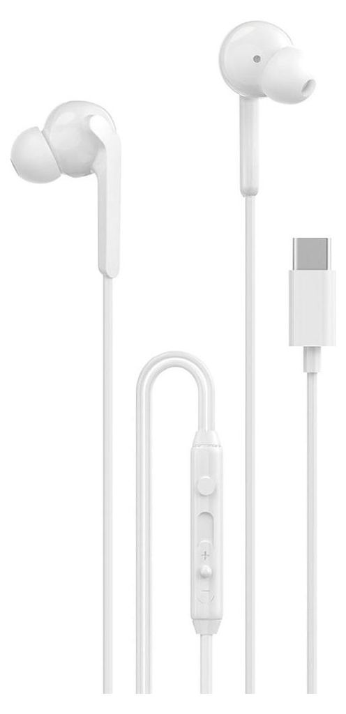A pair of white USB-C in-ear headphones with an inline remote and a USB-C connector.
