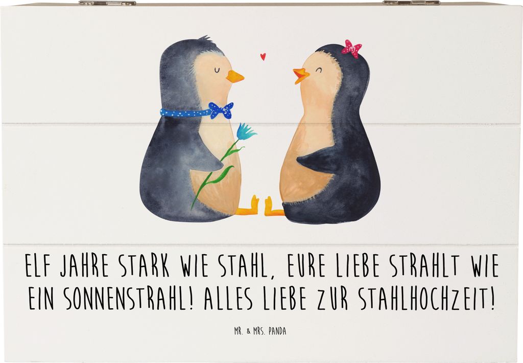 Mr. & Mrs. Panda Holztruhe 11. Hochzeitstag Stahlhochzeit 22 x 15 cm - Weiß - Geschenk, Geschenkbox, Meilenstein, Holzkiste, Zitat, Box, Geschenke...