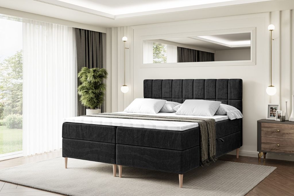 ALTDECOR Boxspringbett mit Holz Füßen, Matratze und Lattenrost, Boxbett, Topper, Polsterbett mit Bettkasten, Bett mit Stauraum H4-Matratze, Doppe...