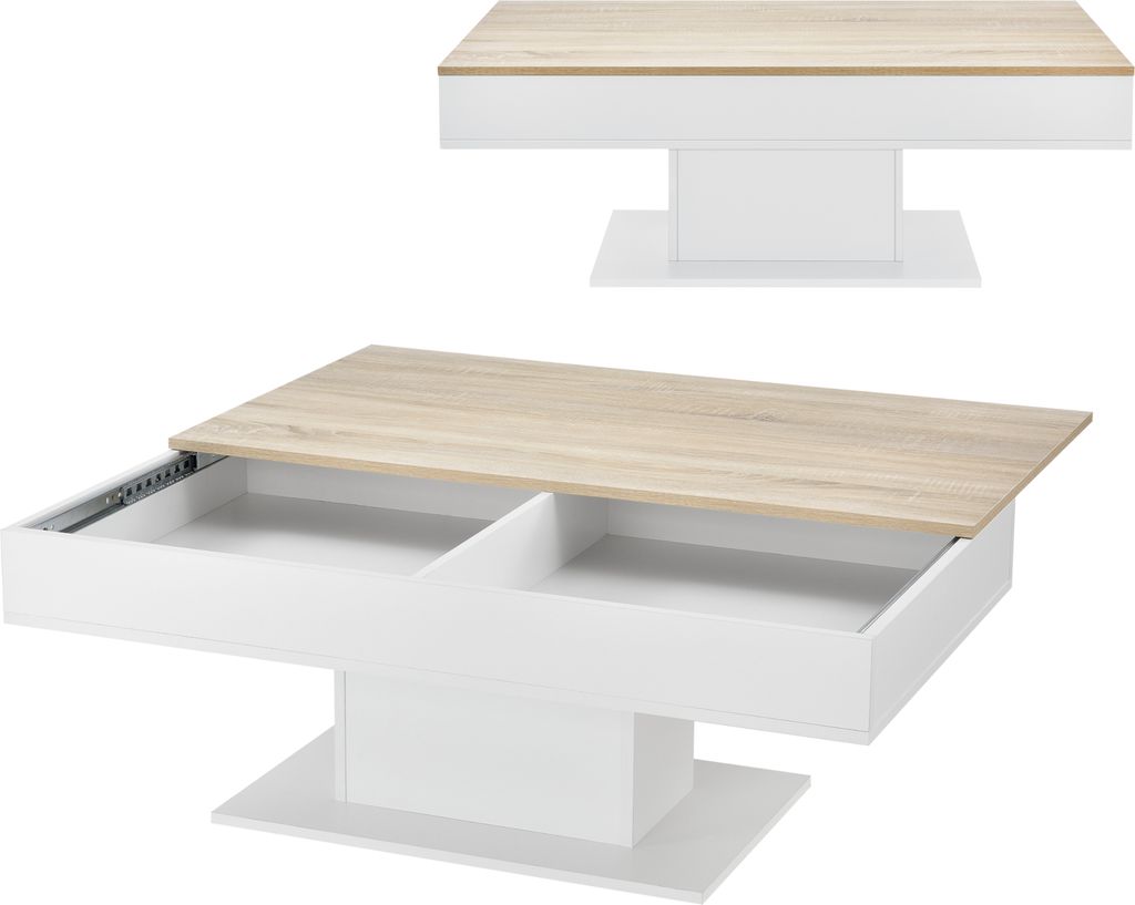 A white coffee table with a wood-effect top, shown in two views: one closed and one with drawers open.