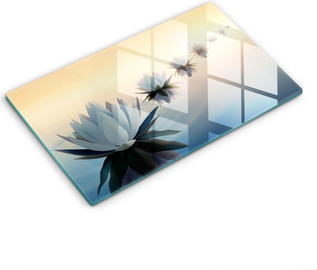 Glasschneideplatte - Herdabdeckplatte - 52x30 cm - Schneidebrett - Spritzschutz - Lilie Blumen auf dem Wasser