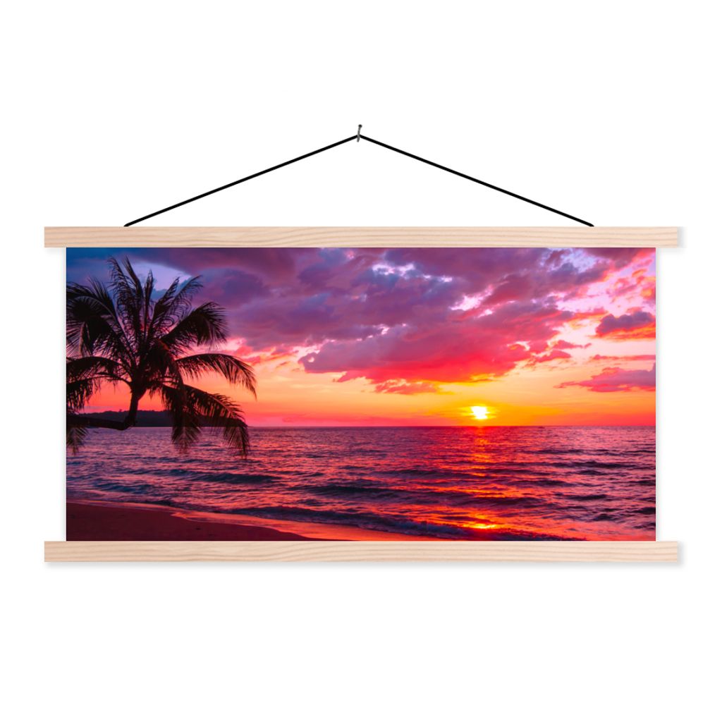 MuchoWow Textilposter Sonne - Horizont - Rosa - Palme - Meer 120x60 cm mit holzfarbenen Rahmen - Klemmleiste