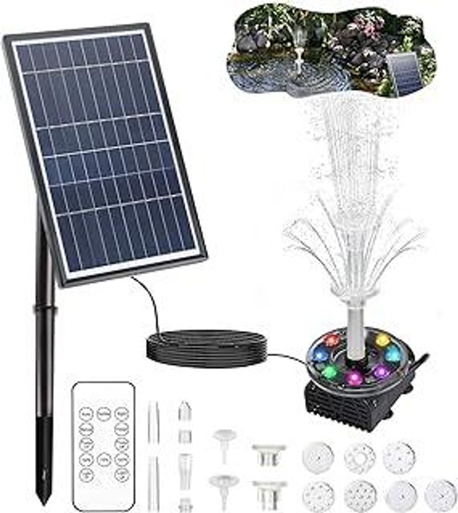LED Solar Springbrunnen mit 7W Solar Panel Eingebaute 5000 mAh Batterie Solar Teichpumpe Solarbrunnen Fontäne Pumpe mit 10 Fontänenstile für Tei...