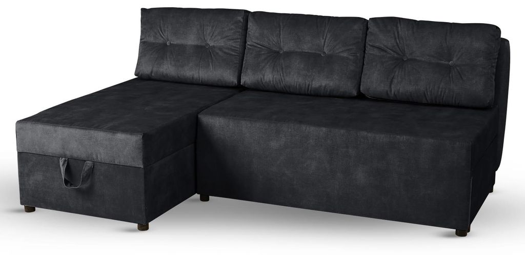 Klappbares Ecksofa ALAN links in Veloursstoff in Schwarz mit einer Schlaffunktion und zwei Bettkästen